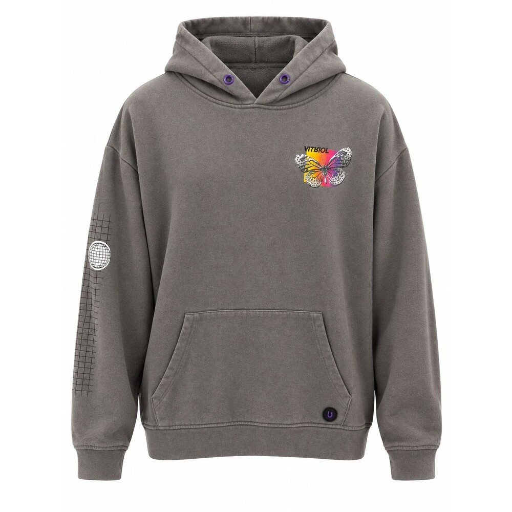 Vitriol Automation Graphic Butterfly Hoodie Adult Sz L Gray Rainbow Statement